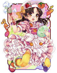 Rule 34 | 1girl, apron, bowl, brown hair, carrot, cherry, cooking, cooking idol ai! mai! main!, food, food-themed clothes, food on face, frills, fruit, gathers, hat, hiiragi mine, jumping, kink (tortoiseshell), open mouth, orange (fruit), orange thighhighs, pinky out, smile, solo, strawberry, thighhighs, whisk, yellow eyes