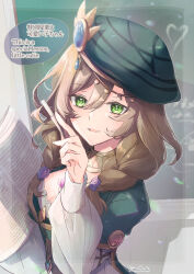 Rule 34 | 1girl, artist name, book, braid, brown hair, collar, commentary request, flower, genshin impact, green eyes, green headwear, hair between eyes, hair flower, hair ornament, hand up, highres, holding, holding book, holding pen, kinatsu k, lisa (a sobriquet under shade) (genshin impact), lisa (genshin impact), long sleeves, looking at viewer, medium hair, official alternate costume, parted lips, pen, smile, solo, speech bubble, twin braids
