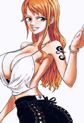 Rule 34 | 1girl, backless outfit, bracelet, breasts, cleavage, earrings, grin, highres, jewelry, large breasts, long hair, nami (one piece), one piece, orange eyes, orange hair, sherumaru (korcht06), signature, smile, solo, tagme, tattoo, upper body