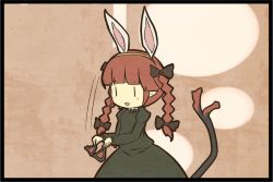 Rule 34 | 1girl, akihiyo, animal ears, blush stickers, bow, braid, rabbit ears, cat ears, cat girl, cat tail, dress, extra ears, female focus, flat color, hair bow, kaenbyou rin, multiple tails, red hair, solo, tail, touhou