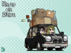 Rule 34 | 00s, 2girls, :d, bag, black hair, blonde hair, blue eyes, book, box, car, cardboard box, chibi, chibi only, driving, glasses, left-hand drive, long hair, michelle cheung, motor vehicle, multiple girls, nagian, open book, open mouth, polka dot, r.o.d the tv, read or die, reading, smile, spill, vehicle, vehicle focus, wavy hair, yellow eyes, yomiko readman