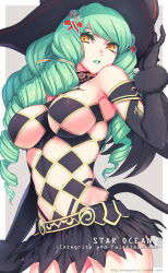 Rule 34 | 1girl, argyle, argyle clothes, argyle cutout, argyle legwear, bad id, bad pixiv id, black gloves, black hat, black skirt, breasts, cat tail, clothing cutout, copyright name, cowboy shot, drill hair, elbow gloves, expressionless, fiore brunelli, gloves, green hair, green lips, grey background, hat, large breasts, lipstick, long hair, looking at viewer, makeup, miniskirt, ouno mayumi, parted lips, revealing clothes, skirt, solo, star ocean, star ocean integrity and faithlessness, tail, watermark, web address, yellow eyes