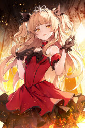Rule 34 | 1girl, absurdres, black bow, black gloves, blonde hair, bow, breasts, brown ribbon, dampi, detached sleeves, dress, fang, gloves, hair ribbon, hands up, highres, indoors, long hair, looking at viewer, original, parted lips, red dress, ribbon, short sleeves, skin fang, small breasts, smile, solo, strapless, strapless dress, tiara, two side up, yellow eyes
