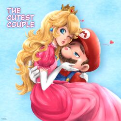 Rule 34 | 1boy, 1girl, blonde hair, blue eyes, brown hair, carrying, carrying person, couple, crown, dress, earrings, facial hair, gloves, hand on another&#039;s face, hat, heart, highres, holding, hug, jewelry, lipstick mark, long hair, long sleeves, looking at another, looking at viewer, mario, mario (series), mustache, nintendo, one eye closed, overalls, pink dress, princess carry, princess peach, puffy long sleeves, puffy sleeves, spoken heart, the super mario bros. movie, wink