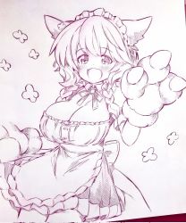 Rule 34 | 1girl, :d, alternate costume, animal ears, animal hands, apron, blush, braid, breasts, cleavage, commentary request, corrupted twitter file, enmaided, fangs, gloves, highres, large breasts, long hair, looking at viewer, maid, maid headdress, monochrome, nijisanji, open mouth, paw gloves, ribbon, skin fangs, smile, solo, traditional media, tsukareta san, twin braids, virtual youtuber, warabeda meiji