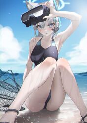 Rule 34 | 1girl, animal ear fluff, animal ears, black one-piece swimsuit, blue archive, blue eyes, blue sky, breasts, cloud, competition swimsuit, covered navel, cross hair ornament, day, diving mask, eo25, extra ears, goggles, grey hair, hair ornament, halo, highres, holding, horizon, low ponytail, medium breasts, medium hair, mismatched pupils, multicolored clothes, multicolored swimsuit, net, ocean, official alternate costume, one-piece swimsuit, outdoors, shiroko (blue archive), shiroko (swimsuit) (blue archive), sitting, sky, snorkel, solo, swimsuit, water, wolf ears