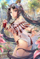Rule 34 | 1girl, ass, bare shoulders, bikini, breasts, brown eyes, brown hair, cleavage, cup, disposable cup, drinking straw, earrings, eyewear on head, fate/grand order, fate (series), flower, hair ornament, highres, jewelry, light rays, long hair, medium breasts, multiple earrings, navel, open clothes, palm tree, robe, sunglasses, swimsuit, thighs, torino aqua, tree, twintails, very long hair, white bikini, yu mei-ren (fate), yu mei-ren (swimsuit lancer) (fate)