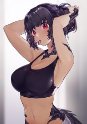 Rule 34 | 1girl, adjusting hair, armpits, arms up, au ra, warrior of light (ff14), blurry, blurry background, breasts, cleavage, commission, dragon horns, dragon tail, final fantasy, final fantasy xiv, highres, horns, large breasts, looking at viewer, mouth hold, navel, red eyes, rirene rn, scales, second-party source, short hair, solo, tail, tank top, upper body