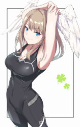 Rule 34 | 1girl, absurdres, armpits, arms behind head, arms up, bare arms, black jumpsuit, blue eyes, breasts, brown hair, cleavage, closed mouth, collarbone, covered navel, cowboy shot, eunie (xenoblade), feathered wings, head wings, highres, jumpsuit, large breasts, long hair, showhey!!, smile, solo, standing, straight hair, white background, white wings, wings, xenoblade chronicles (series), xenoblade chronicles 3
