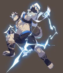 Rule 34 | abs, animal ears, beenic, bulge, claws, dog ears, electricity, furry, furry male, gloves, goggles, gyee, highres, husky, muscular, muscular male, navel, nipples, official art, pectoral cleavage, pectorals, shorts, smile, solo, tail, tattoo, thick arms, thick thighs, thighs, tight clothes, topless, topless male, transparent background, zixiong zix
