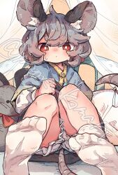 Rule 34 | 1girl, ahoge, animal ear fluff, animal ears, bloomers, blue capelet, blush, capelet, closed mouth, clothes lift, commentary request, curtains, eyelashes, feet, full body, grey hair, grey skirt, highres, indoors, lifting own clothes, light frown, long sleeves, looking at viewer, mame komari, miniskirt, mouse ears, mouse girl, mouse tail, nazrin, no shoes, on bed, pillow, puffy long sleeves, puffy sleeves, red eyes, short hair, sitting, skirt, skirt lift, socks, solo, stuffed animal, stuffed mouse, stuffed toy, sweat, tail, touhou, twitter username, underwear, white bloomers, white sleeves, white socks