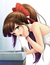 Rule 34 | 1girl, adjusting hair, bare arms, bare shoulders, blunt bangs, blush, bow, bracelet, breasts, brown eyes, brown hair, denhijou niki, dress, drink, drinking, drinking fountain, hair bow, tucking hair, highres, jewelry, leaning forward, long hair, looking at viewer, open mouth, original, ponytail, sexually suggestive, simple background, small breasts, solo, water, white background, white dress