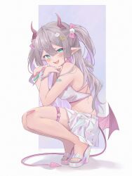 Rule 34 | 1girl, absurdres, ahoge, aqua eyes, aqua nails, bandaid, bandaid on arm, bandaid on knee, bandaid on leg, blunt bangs, bow, bracelet, camisole, cat hair ornament, demon girl, demon tail, demon wings, double-parted bangs, earrings, fangs, full body, grey hair, hair bow, hair ornament, hairclip, heart, heart earrings, high heels, highres, horns, jewelry, light blush, long hair, looking at viewer, midori xu, midriff, mole, mole under eye, open mouth, original, pink bow, pleated skirt, pointy ears, sandals, shadow, sidelocks, simple background, skirt, squatting, sticker on face, tail, thigh strap, twintails, wavy hair, white camisole, white skirt, wings