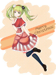 bear_hair_ornament black_socks blush calf_socks child closed_mouth danganronpa_(series) danganronpa_another_episode:_ultra_despair_girls dress eyebrows full_body green_eyes green_hair hair_ornament hand_up headband looking_at_viewer matching_hair/eyes merry_christmas red_hair red_headband smile socks towa_monaca twintails