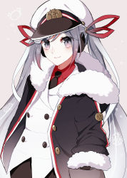 Rule 34 | 1girl, a cake (fecakeeee), bad id, bad pixiv id, beige background, black gloves, black necktie, blue eyes, blue hair, buttons, coat, commentary, crab, double-breasted, fur-trimmed coat, fur-trimmed sleeves, fur trim, gloves, hair ribbon, hand in pocket, hat, hatsune miku, highres, jacket, light blue hair, light smile, long hair, looking at viewer, military, military uniform, naval uniform, necktie, peaked cap, red ribbon, red shirt, ribbon, sailor, sailor hat, shirt, snowflake print, solo, standing, twintails, uniform, upper body, very long hair, vocaloid, white hat, white jacket, yuki miku, yuki miku (2022)
