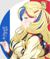 Rule 34 | 1girl, absurdres, belt, beret, blonde hair, buttons, commandant teste (kancolle), double-breasted, flower, french flag, hat, highres, holding, holding flower, jacket, kantai collection, lilac, long hair, multicolored clothes, multicolored hair, plaid, plaid scarf, pom pom (clothes), red hair, scarf, solo, streaked hair, swept bangs, wavy hair, yunoji yusuke