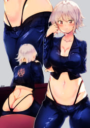 Rule 34 | 1girl, arm under breasts, artist name, blush, breasts, butt crack, cleavage, denim, fate/grand order, fate (series), grey background, hair between eyes, highres, jacket, jeanne d&#039;arc (fate), jeanne d&#039;arc alter (avenger) (fate), jeanne d&#039;arc alter (fate), jeans, kani fish, long sleeves, looking at viewer, midriff, multiple views, navel, pants, red eyes, short hair, simple background, white hair
