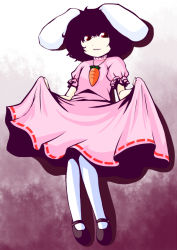 Rule 34 | 1girl, animal ears, bad id, bad pixiv id, black hair, carrot, carrot necklace, curtsey, dress, inaba tewi, jewelry, mary janes, nabau, necklace, pantyhose, pendant, pink dress, puffy short sleeves, puffy sleeves, rabbit ears, red eyes, shoes, short hair, short sleeves, solo, touhou, white pantyhose