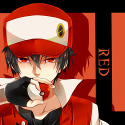 Rule 34 | 1boy, badge, black hair, black shirt, character name, commentary request, creatures (company), fingerless gloves, game freak, gloves, hair between eyes, hajime (starrysky cat33), holding, holding poke ball, jacket, looking at viewer, male focus, nintendo, pixiv red, poke ball, poke ball (basic), pokemon, red (pokemon), red eyes, shirt, solo, upper body