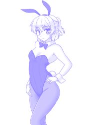 Rule 34 | 1girl, animal ears, bare arms, bare shoulders, bow, breasts, rabbit ears, rabbit tail, cleavage, isaki (gomi), leotard, looking at viewer, mizuhashi parsee, monochrome, pantyhose, playboy bunny, pointy ears, purple theme, small breasts, solo, tail, touhou, wrist cuffs