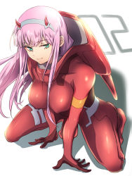Rule 34 | 10s, 1girl, aqua eyes, arm support, bodysuit, breasts, cleavage, closed mouth, commentary request, darling in the franxx, full body, hairband, herozu (xxhrd), horns, kneeling, large breasts, long hair, looking at viewer, pilot suit, pink hair, red bodysuit, shiny clothes, shiny skin, simple background, skin tight, smile, solo, white background, white hairband, zero two (darling in the franxx)