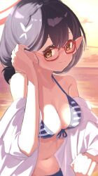 Rule 34 | 1girl, ayane (blue archive), ayane (swimsuit) (blue archive), bare arms, bare shoulders, beach, bikini, black hair, blue archive, blue bikini, blue shorts, braid, breasts, cleavage, clothes pull, collarbone, cowboy shot, french braid, front-tie bikini top, front-tie top, frown, game cg, glasses, halo, halterneck, highres, looking at viewer, medium breasts, medium hair, navel, official alternate costume, official art, open clothes, open fly, open mouth, pointy ears, red-framed eyewear, short shorts, shorts, shorts pull, side-tie bikini bottom, solo, stomach, string bikini, striped bikini, striped clothes, sunset, swimsuit, tatara (alnath may), yellow eyes