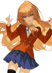 Rule 34 | aisaka taiga, arlizi, black ribbon, black thighhighs, blazer, blue skirt, blurry, buttoned cuffs, buttons, collared shirt, commentary, double-breasted, eyebrows hidden by hair, hair between eyes, hands up, highres, jacket, long hair, long sleeves, looking at viewer, neck ribbon, open mouth, pleated skirt, red jacket, ribbon, shirt, simple background, skirt, solo, teeth, thighhighs, toradora!, white background, white shirt