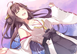 Rule 34 | 10s, 1girl, :d, ^ ^, afloat, ahoge, breasts, brown hair, cccpo, cleavage, detached sleeves, closed eyes, hair ornament, hairband, headgear, highres, japanese clothes, kantai collection, kongou (kancolle), long hair, lying, open mouth, personification, ribbon-trimmed sleeves, ribbon trim, ripples, smile, solo, water