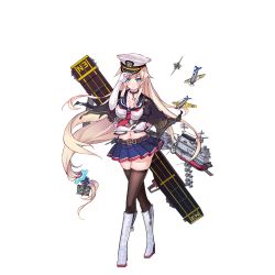 Rule 34 | 1girl, aircraft, airplane, american flag, belt, blonde hair, blue eyes, boots, breasts, brown thighhighs, cape, choker, cleavage, elbow gloves, enterprise (warship girls r), flight deck, full body, g.h (gogetsu), gloves, hat, high heel boots, high heels, knee boots, large breasts, long hair, low-tied long hair, machinery, mecha musume, midriff, miniskirt, official art, pleated skirt, skirt, smile, thighhighs, transparent background, uss enterprise (cv-6), very long hair, warship girls r, white footwear, white gloves, white thighhighs, zettai ryouiki