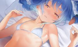 Rule 34 | 1girl, absurdres, bare arms, bare shoulders, bed sheet, bikini, blue hair, braid, breasts, carrot hair ornament, collarbone, food-themed hair ornament, food themed hair ornament, hair ornament, half-closed eyes, halterneck, halterneck, hands up, highres, hololive, long hair, looking at viewer, lying, micro bikini, on back, orange eyes, parted lips, pillow, seicoh, small breasts, solo, swimsuit, symbol-shaped pupils, thick eyebrows, twin braids, twintails, upper body, usada pekora, virtual youtuber, white bikini