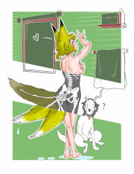 Rule 34 | 1girl, ?, absurdres, animal ears, ass, barefoot, blonde hair, blue eyes, box, breasts, completely nude, covering privates, covering breasts, dog, doitsuken, fox ears, fox shadow puppet, fox tail, hand up, heart, highres, horns, indoors, crossed legs, looking at viewer, looking back, medium breasts, multiple tails, nude, original, skeleton, skull, solo, standing, tail, thigh gap, water drop, wet, x-ray