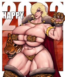 Rule 34 | 1girl, 2020, abs, animal hands, animal head, animal print, areola slip, artist name, avis (strangehero), blonde hair, bra, bracelet, breasts, bursting breasts, cape, claw pose, collarbone, commentary, contrapposto, cowboy shot, earrings, english commentary, eyeshadow, female focus, fur-trimmed cape, fur trim, gold, gradient background, green eyes, hair over one eye, half-closed eyes, highres, huge breasts, jewelry, makeup, mole, mole under mouth, muscular, muscular female, navel, original, panties, piercing, purple eyeshadow, red background, red eyes, seductive smile, smile, solo, standing, strangehero, thick thighs, thighhighs, thighs, tiger print, underwear, wide hips