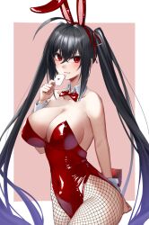 Rule 34 | 1girl, ace (playing card), ace of hearts, ahoge, animal ears, arm behind back, azur lane, bare shoulders, black bow, black bowtie, black hair, border, bow, bowtie, breasts, card, collarbone, covered navel, crossed bangs, detached collar, fake animal ears, fishnet pantyhose, fishnets, hair between eyes, hair ribbon, hairband, heart, highres, holding, holding card, large breasts, leotard, long hair, looking at viewer, pantyhose, playboy bunny, playing card, rabbit ears, rabbit tail, raised eyebrows, red eyes, red hairband, red leotard, red ribbon, ribbon, solo, taihou (azur lane), tail, twintails, very long hair, white border, wrist cuffs, yorugami rei
