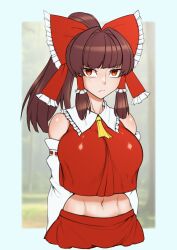Rule 34 | 1girl, ascot, bare shoulders, bow, breasts, brown hair, closed mouth, commentary, detached sleeves, english commentary, hair bow, hair tubes, hakurei reimu, highres, large breasts, looking at viewer, medium hair, navel, ponytail, red bow, red eyes, red shirt, red skirt, ribbon-trimmed sleeves, ribbon trim, shirt, sidelocks, skirt, solo, toetekenxal, touhou, upper body, yellow ascot