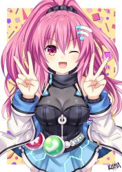 Rule 34 | :d, artist name, dot nose, double v, highres, jacket, lewdkuma, maho (neptunia), musical note, one eye closed, open mouth, pink hair, smile, v, yellow background