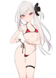 Rule 34 | 1girl, absurdres, beijuu, bikini, blue archive, breasts, closed mouth, cowboy shot, female pubic hair, flower, grey hair, hair ornament, highres, long hair, looking at viewer, mutsuki (blue archive), pubic hair, red bikini, red eyes, side-tie bikini bottom, simple background, small breasts, smile, solo, swimsuit, thigh strap, white background