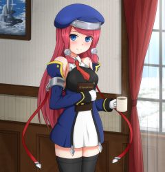 Rule 34 | 1girl, alternate legwear, arc system works, black thighhighs, blazblue, blazblue: continuum shift, blue dress, blue eyes, blue skirt, blush, book, coffee, cup, detached sleeves, dress, english text, gloves, hair tubes, halterneck, halterneck, hat, holding, kouson&#039;en, long hair, looking at viewer, necktie, painting (object), red hair, skirt, sleeveless, smile, solo, thighhighs, tsubaki yayoi, uniform, wall, window