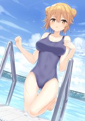 Rule 34 | 1girl, :o, bare arms, bare legs, bare shoulders, barefoot, blue one-piece swimsuit, blue sky, blush, breasts, brown hair, cleavage, cloud, competition school swimsuit, contrail, day, double bun, dutch angle, fence, gluteal fold, hair between eyes, hair bun, hajime kaname, highres, koiwai yoshino, leg up, looking at viewer, masamune-kun no revenge, medium breasts, on one knee, one-piece swimsuit, open mouth, outdoors, pool, pool ladder, poolside, school swimsuit, short hair, sky, solo, sparkle, standing, swimsuit, tareme, thigh gap, water, water drop, wet, wet hair