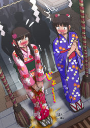 Rule 34 | 2girls, black eyes, black hair, blush, brown hair, crying, double bun, dutch angle, female focus, flat chest, floral print, flower, from above, full body, g yukishiro, hair bun, hair flower, hair ornament, hands up, highres, japanese clothes, japanese text, kimono, legs together, long hair, long sleeves, looking at another, looking down, multiple girls, nose blush, obi, open mouth, original, outdoors, own hands together, peeing, peeing self, pink flower, pink kimono, puddle, purple kimono, red flower, sandals, sash, short hair with long locks, silhouette, socks, standing, steam, surprised, tears, translation request, trembling, twintails, v arms, wet, wet clothes, white flower, white legwear, wide sleeves