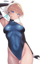 Rule 34 | 1girl, absurdres, arm up, bare shoulders, black gloves, black leotard, blonde hair, blue archive, blue eyes, blue leotard, blue ribbon, breasts, bun cover, closed mouth, covered navel, earpiece, elbow gloves, fingerless gloves, gloves, gluteal fold, hair bun, highres, leotard, looking at viewer, maid headdress, medium breasts, ribbon, ryokuchabushi, short hair, smile, solo, toki (blue archive), two-tone leotard, v, white background