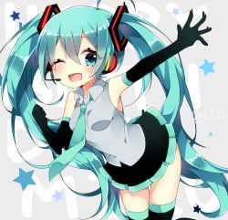Rule 34 | 1girl, aqua eyes, aqua hair, black gloves, elbow gloves, gloves, hatsune miku, headset, long hair, necktie, one eye closed, open mouth, outstretched arm, shizuku (puti 0414), skirt, solo, thighhighs, twintails, very long hair, vocaloid