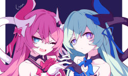 Rule 34 | 2girls, ;d, blue eyes, blue hair, blue ribbon, bow, brown gloves, closed mouth, commentary, curled horns, english commentary, fang, gloves, hair between eyes, hair bow, hair ribbon, hand up, highres, honkai (series), honkai impact 3rd, horns, interlocked fingers, liliya olenyeva, litsvn, long hair, looking at viewer, multiple girls, one eye closed, open mouth, pink bow, pink hair, purple background, purple eyes, ribbon, rozaliya olenyeva, siblings, signature, single horn, sisters, slit pupils, smile, thick eyebrows, twins, two-tone background, white background, white gloves
