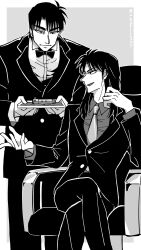 Rule 34 | 2boys, artist name, black hair, blazer, bow, bowtie, chair, closed mouth, commentary request, crossed legs, dated, feet out of frame, fingernail torture device, formal, frilled shirt collar, frills, greyscale, highres, ichijou seiya, jacket, kaiji, long hair, looking to the side, male focus, medium bangs, monochrome, multiple boys, murakami tamotsu, necktie, open mouth, short hair, sitting, smile, standing, suit, tray, unknown03162