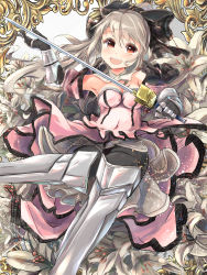 Rule 34 | 1girl, :d, absurdres, armor, armored boots, artoria pendragon (fate), bare shoulders, black gloves, blush, boots, bow, breasts, brown eyes, brown hair, cleavage, cosplay, elbow gloves, fate/kaleid liner prisma illya, fate (series), flower, gauntlets, gloves, hair between eyes, hair bow, highres, illyasviel von einzbern, lily (flower), long hair, looking at viewer, open mouth, ponytail, saber (fate), saber lily, saber lily (cosplay), smile, solo, sword, taki (takimon), weapon