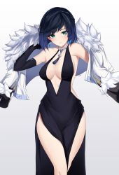 Rule 34 | 1girl, absurdres, arm up, armpits, black dress, black gloves, black hair, breasts, cleavage, coat, coat on shoulders, cocktail dress, dress, earrings, elbow gloves, feint721, fur trim, genshin impact, gloves, green eyes, highres, jewelry, looking at viewer, medium breasts, mole, mole on breast, mole under eye, necklace, no bra, parted lips, pelvic curtain, short hair, sideless outfit, sleeveless, sleeveless dress, solo, thighs, white coat, yelan (genshin impact)