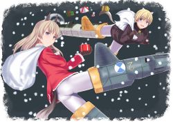 Rule 34 | 10s, 2girls, animal ears, ass, bad id, bad pixiv id, bag, bell, blonde hair, blue eyes, brave witches, christmas, eila ilmatar juutilainen, fox ears, fox tail, gift, gloves, goji (five clock), grin, highres, looking at viewer, multiple girls, nikka edvardine katajainen, open mouth, pantyhose, purple eyes, santa costume, smile, snowing, strike witches, striker unit, tail, tonttu, weasel ears, weasel tail, world witches series