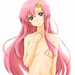 Rule 34 | 1girl, breasts, breasts apart, closed mouth, gundam, gundam seed, hair ornament, hairclip, lacus clyne, long hair, looking at viewer, pink hair, runaru, simple background, smile, solo, white background