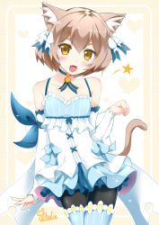 Rule 34 | 10s, 1boy, :d, animal ears, arm ribbon, bare shoulders, black pantyhose, blue bow, blue neckwear, blue ribbon, blue thighhighs, blush, bob cut, bolo tie, bow, brown hair, cat boy, cat ears, cat tail, catstudioinc (punepuni), choker, clenched hand, collarbone, commentary, cowboy shot, cross-laced clothes, crossed legs, detached sleeves, dress, dress bow, fang, felix argyle, frilled dress, frills, front-tie top, hair between eyes, hair bow, hair ribbon, halftone, halftone background, hand up, happy, heart, heart background, jewelry, large bow, layered dress, looking at viewer, male focus, open hand, open mouth, pantyhose, parted bangs, paw pose, pendant, re:zero kara hajimeru isekai seikatsu, ribbon, short dress, short eyebrows, short hair, signature, simple background, slit pupils, smile, solo, spaghetti strap, spoken star, standing, star (symbol), striped clothes, striped pantyhose, striped ribbon, striped thighhighs, tail, thick eyebrows, thighhighs, thighhighs over pantyhose, trap, two-tone background, vertical-striped clothes, vertical-striped thighhighs, white background, white bow, yellow background, yellow eyes