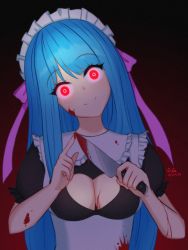 Rule 34 | 1girl, alternate costume, black background, blood, blood on clothes, blood on face, blood splatter, bloody knife, blue hair, breasts, cleavage cutout, clothing cutout, commentary, english commentary, enmaided, frills, glowing, glowing eyes, gradient background, hair ribbon, head tilt, highres, holding, knife, long hair, looking at viewer, maid, maid headdress, me!me!me!, medium breasts, meme (me!me!me!), pink ribbon, puffy short sleeves, puffy sleeves, red background, red eyes, ribbon, short sleeves, simple background, smile, solo, upper body, vickie (cryingrobot), yandere