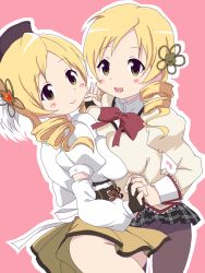 Rule 34 | 10s, 2girls, bad id, beret, blonde hair, bow, breasts, drill hair, dual persona, female focus, hair ornament, hat, highres, hoshino., interlocked fingers, magical girl, mahou shoujo madoka magica, miniskirt, multiple girls, no panties, open mouth, outline, pantyhose, school uniform, simple background, skirt, smile, tomoe mami, tomoe mami (magical girl), twin drills, yellow eyes